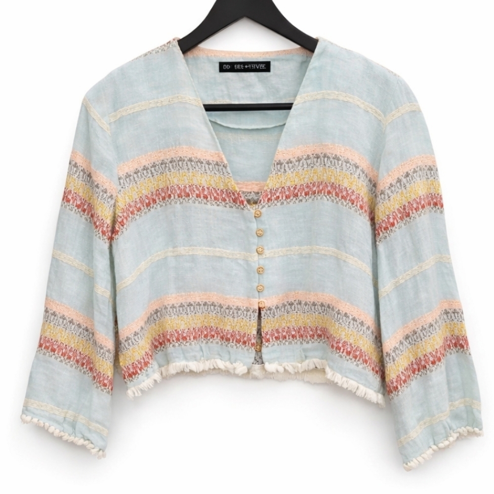 Zara Cropped Boho Blouse Blue Stripe Button Front Fringe Hem Top Sz Med